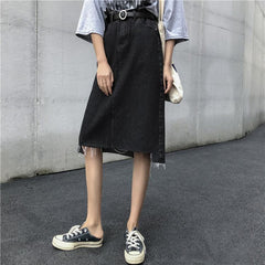 Vintage Blue Black Denim High Waist Ripped Midi Skirt