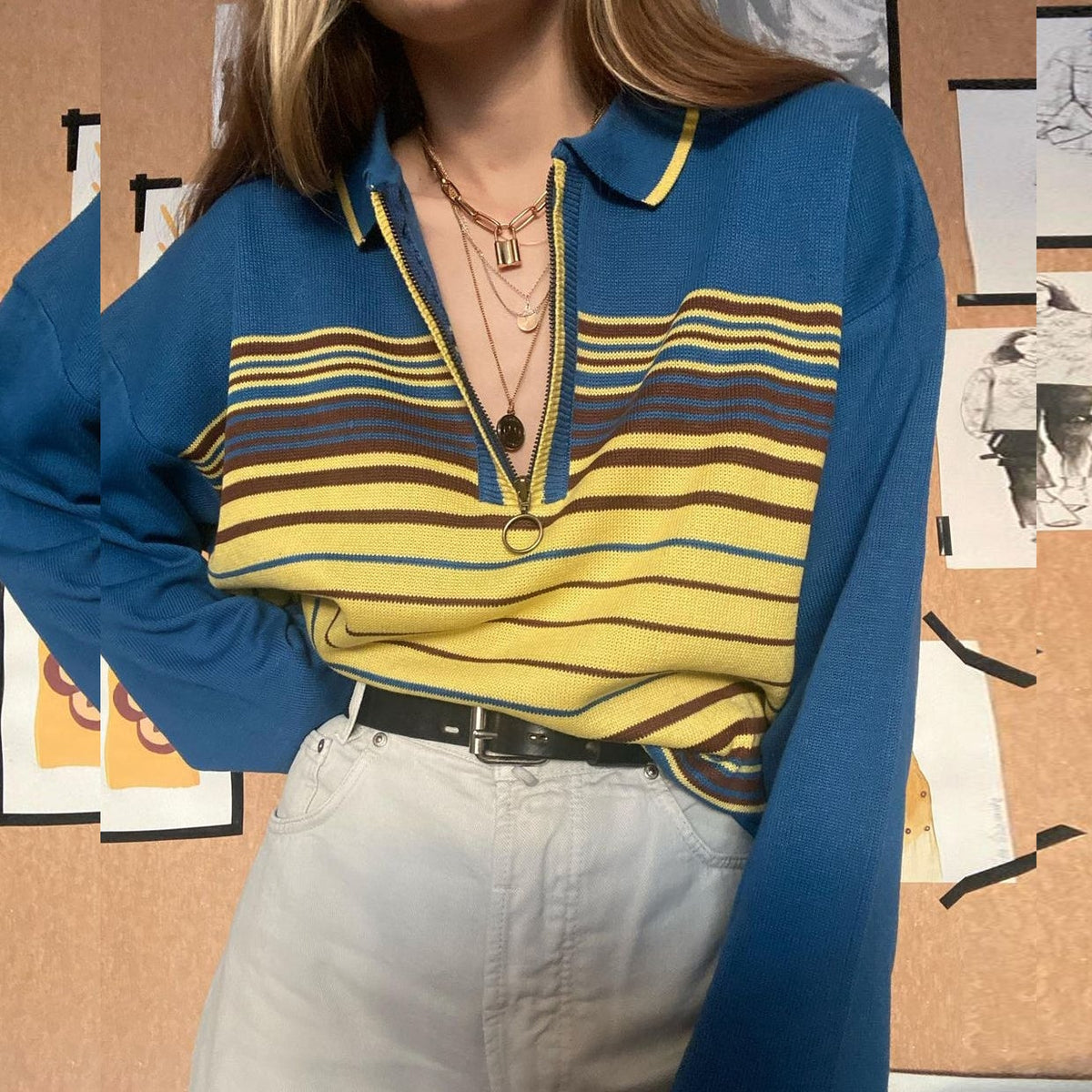 Vintage Blue Striped Zipper Polo Collar Loose Shirt