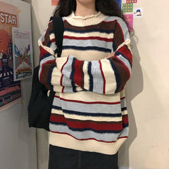 Vintage Curly Neck Striped Oversized Knit Sweater