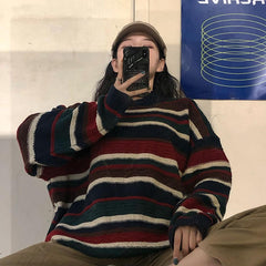 Vintage Curly Neck Striped Oversized Knit Sweater