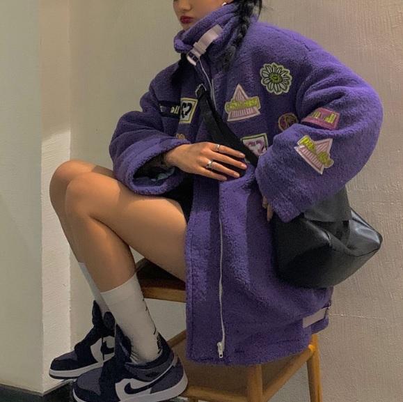 Vintage Kunstpelz Bunte Patches High Neck Loose Coat 