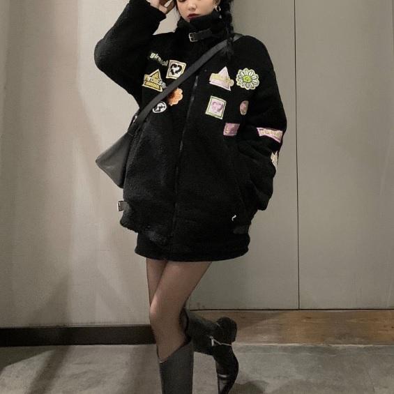 Vintage Kunstpelz Bunte Patches High Neck Loose Coat 