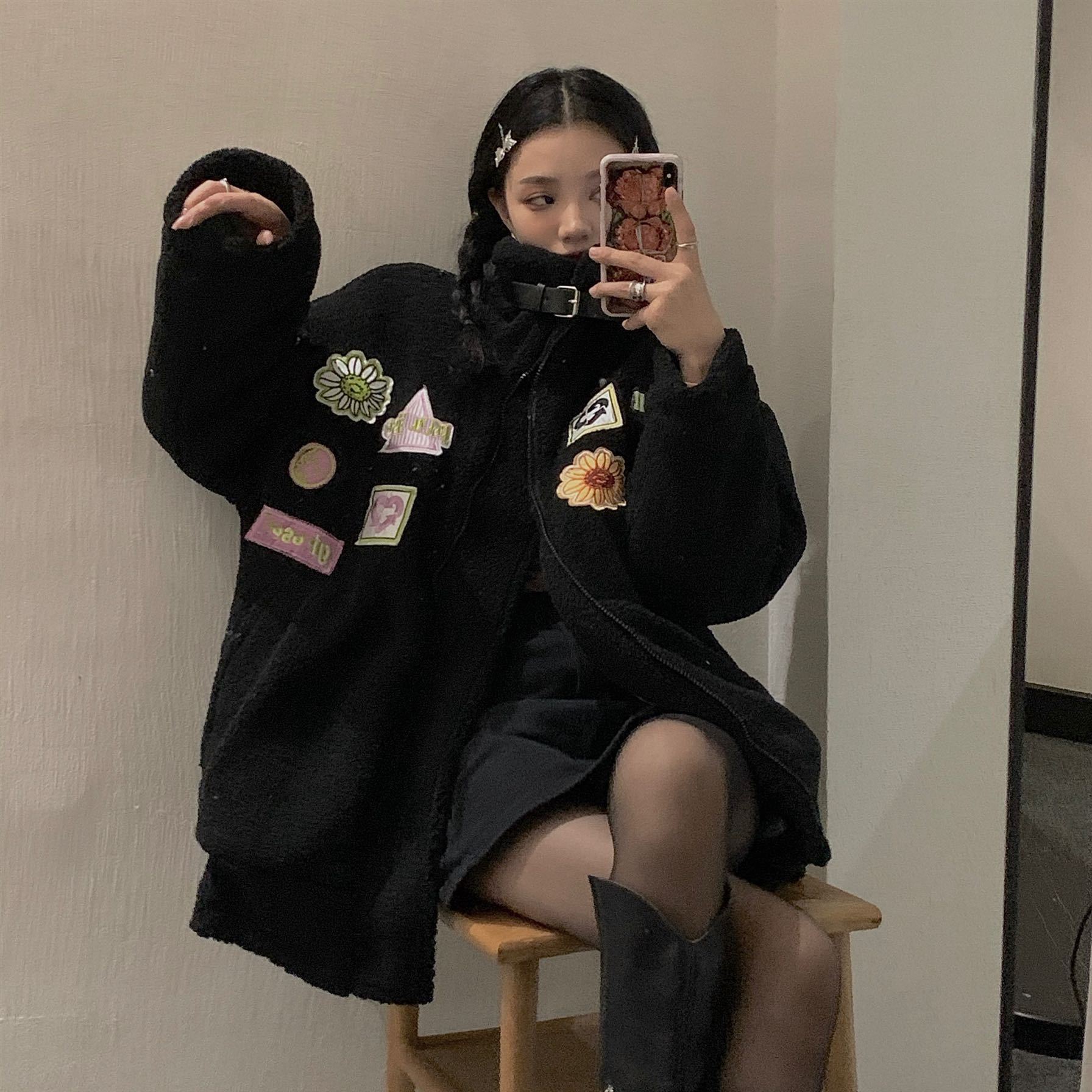 Vintage Kunstpelz Bunte Patches High Neck Loose Coat 