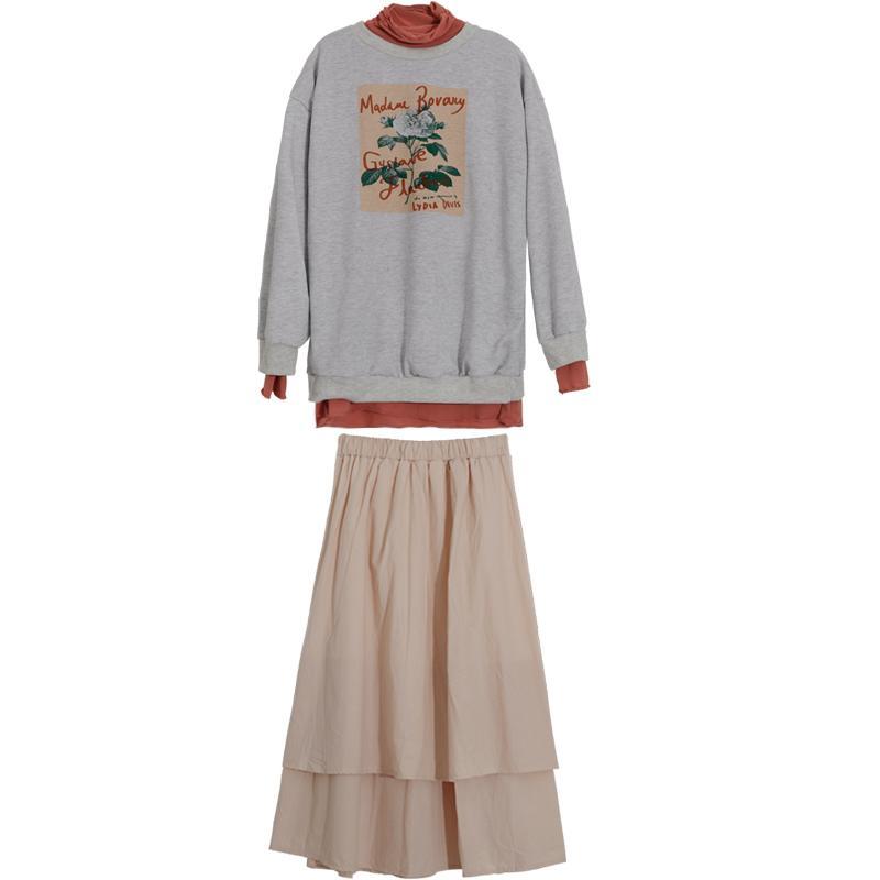 Vintage Flowers Print Turtle Neck Sweatshirt + Long Chiffon Skirt