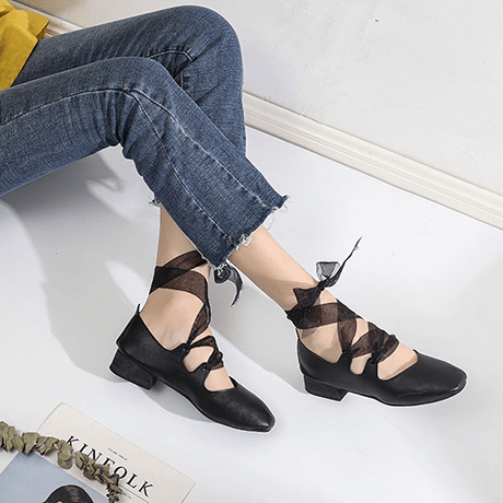 Vintage Leather Low Heel Balette Pointe Laceup Sandals