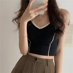 Vintage Ribbed Stitching Straps Slim Bra Top