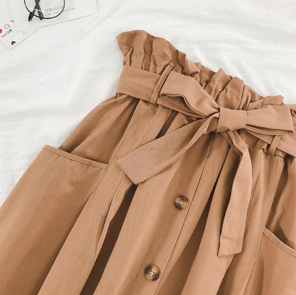 Vintage Einfarbiger Midirock mit hoher Taille und Schleifengürtel 