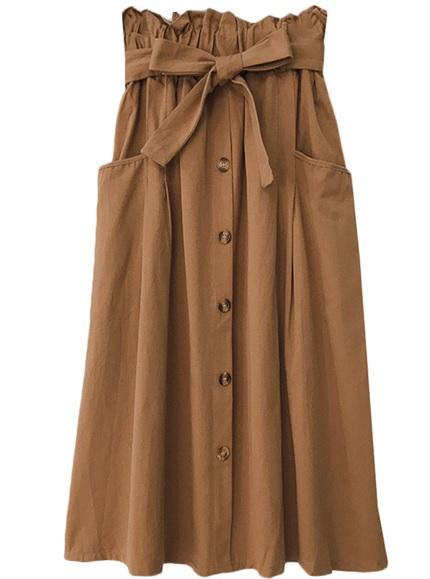 Vintage Einfarbiger Midirock mit hoher Taille und Schleifengürtel 