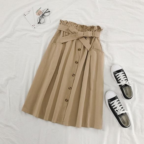 Vintage Einfarbiger Midirock mit hoher Taille und Schleifengürtel 