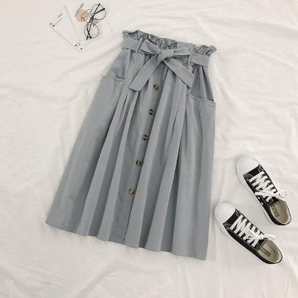 Vintage Einfarbiger Midirock mit hoher Taille und Schleifengürtel 