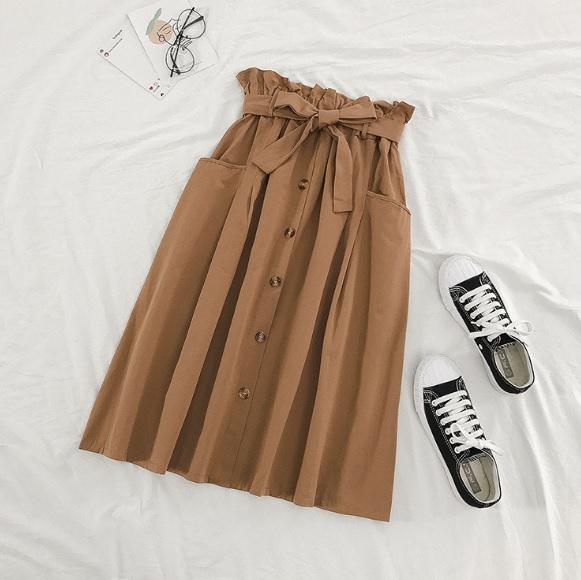 Vintage Einfarbiger Midirock mit hoher Taille und Schleifengürtel 