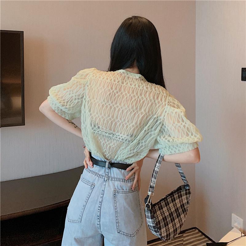 Vintage Transparent Puff Sleeves Elegant Mesh Blouse