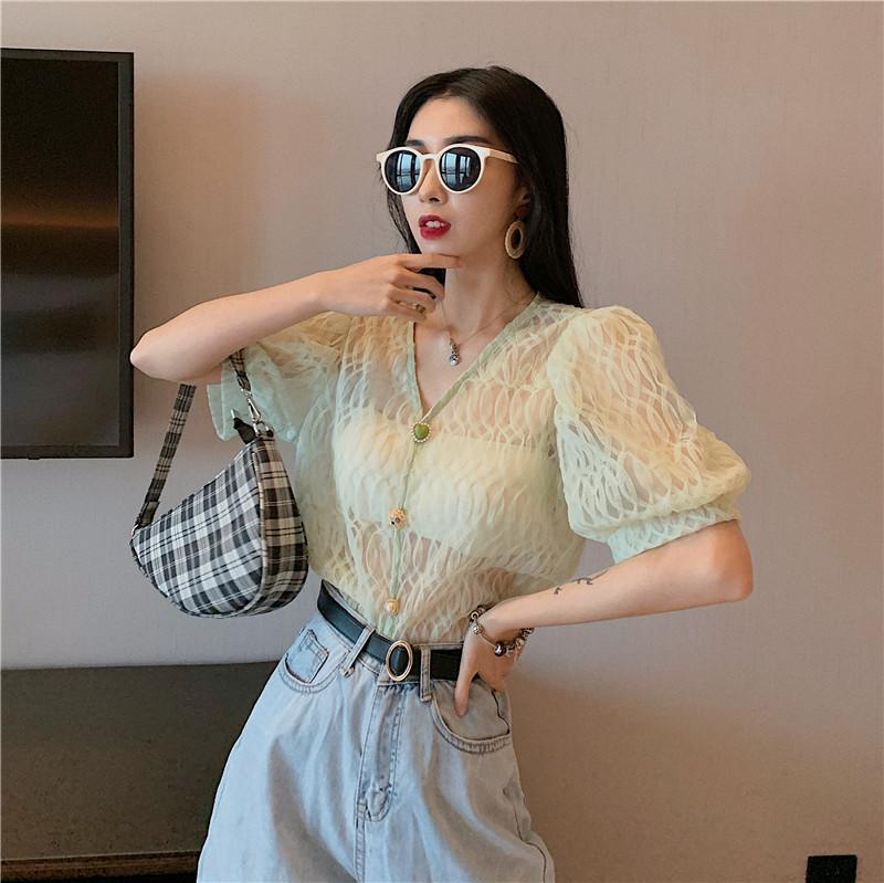 Vintage Transparent Puff Sleeves Elegant Mesh Blouse