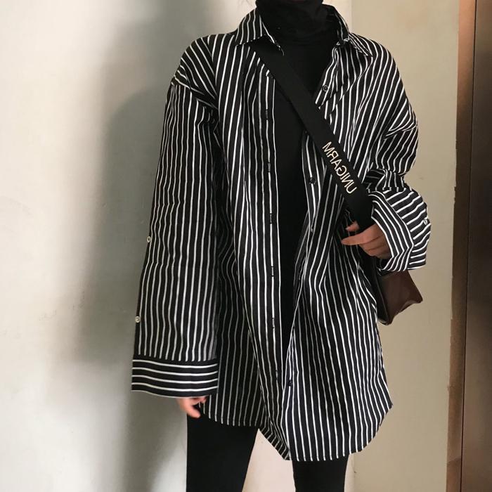 Vintage Vertical Thin Stripes Oversized Shirt