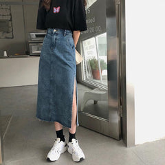 Vintage Washed Blue Ripped Edges High Waist Denim Skirt