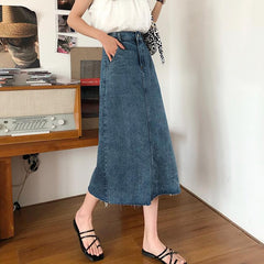 Vintage Washed Blue Ripped Edges High Waist Denim Skirt