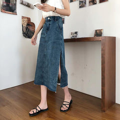 Vintage Washed Blue Ripped Edges High Waist Denim Skirt