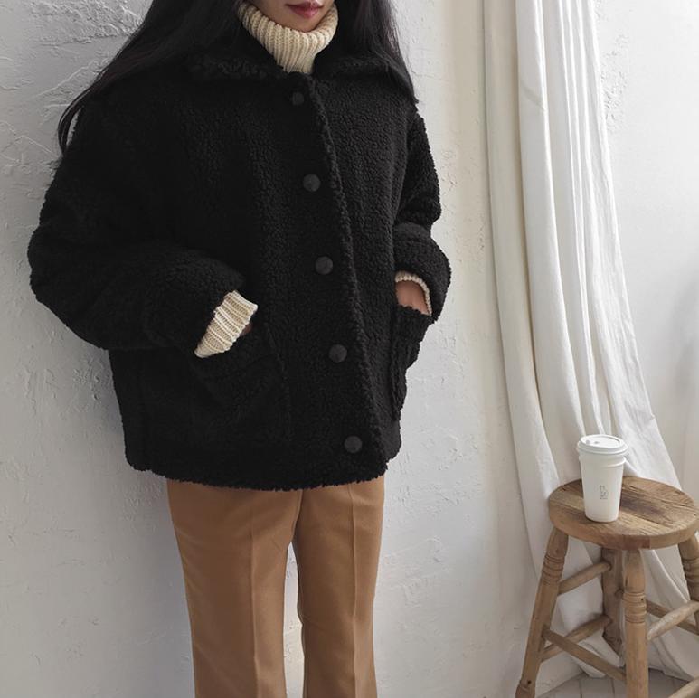 Warm Curly Outwear Faux Fur Beige Black Jacket