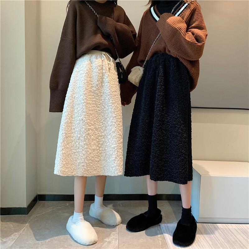 Warm Lamb Faux Fur Elastic Waist Long Skirt