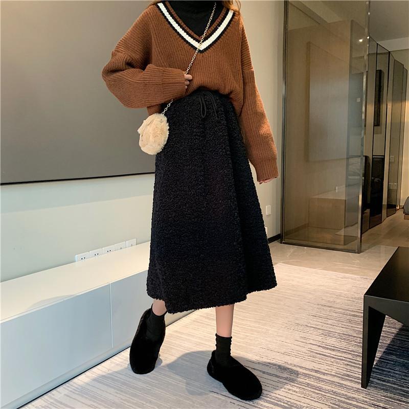 Warm Lamb Faux Fur Elastic Waist Long Skirt