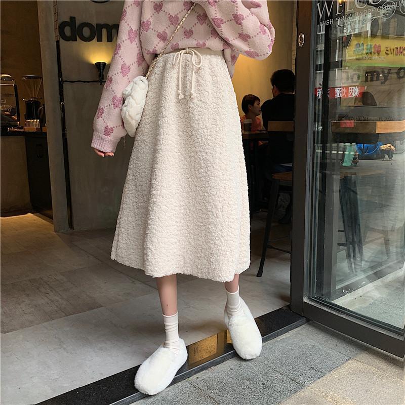 Warm Lamb Faux Fur Elastic Waist Long Skirt