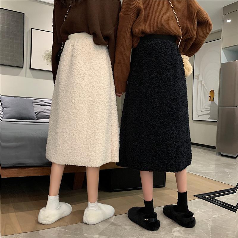 Warm Lamb Faux Fur Elastic Waist Long Skirt