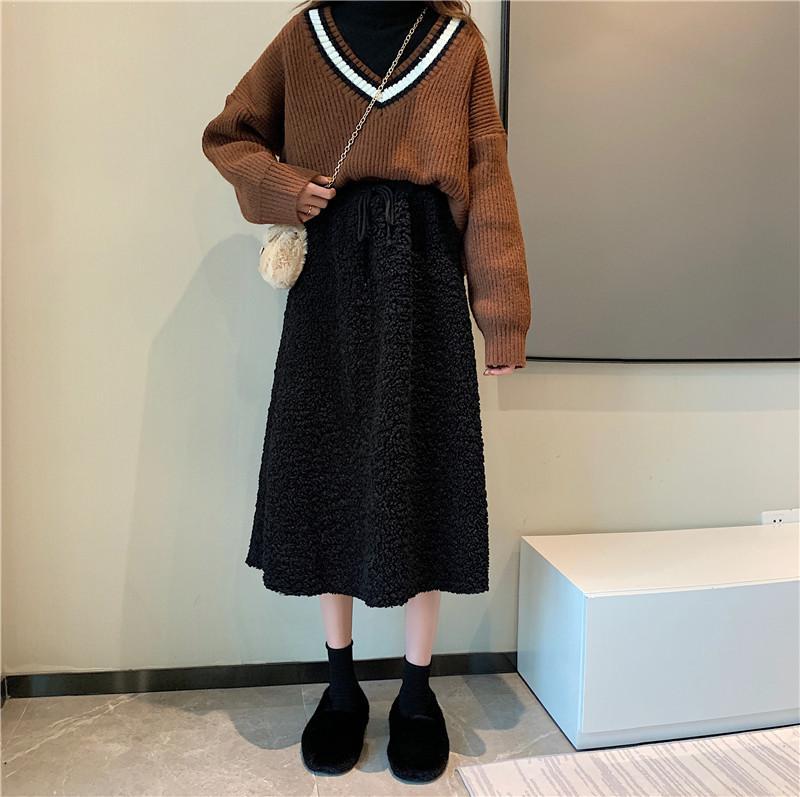 Warm Lamb Faux Fur Elastic Waist Long Skirt