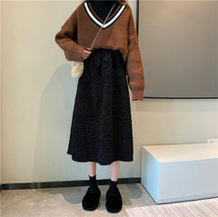 Warm Lamb Faux Fur Elastic Waist Long Skirt