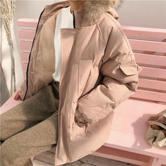 Warm Puffed Oversize Fur Hood Outwear Zipper Jacket