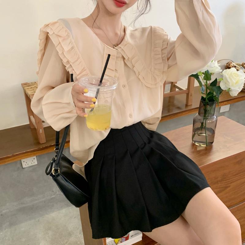 White Beige Transparent Flared Collar Loose Blouse