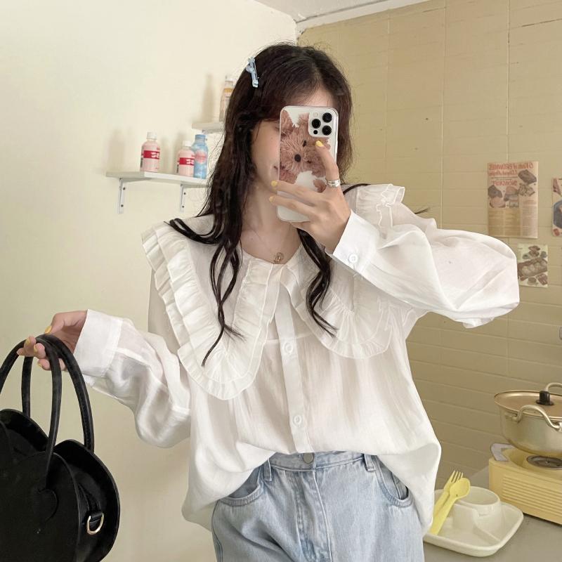 White Beige Transparent Flared Collar Loose Blouse