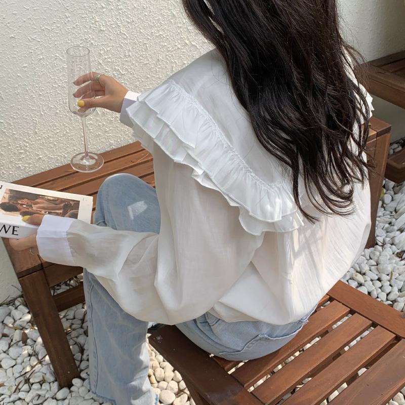 White Beige Transparent Flared Collar Loose Blouse