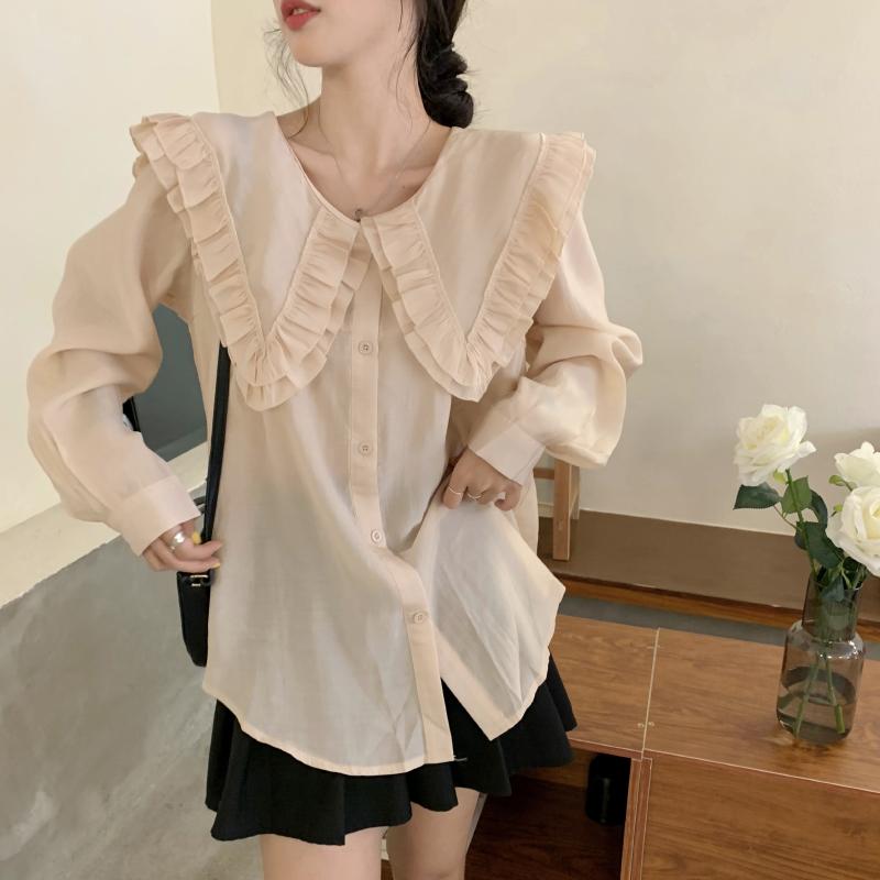 White Beige Transparent Flared Collar Loose Blouse