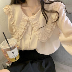 White Beige Transparent Flared Collar Loose Blouse