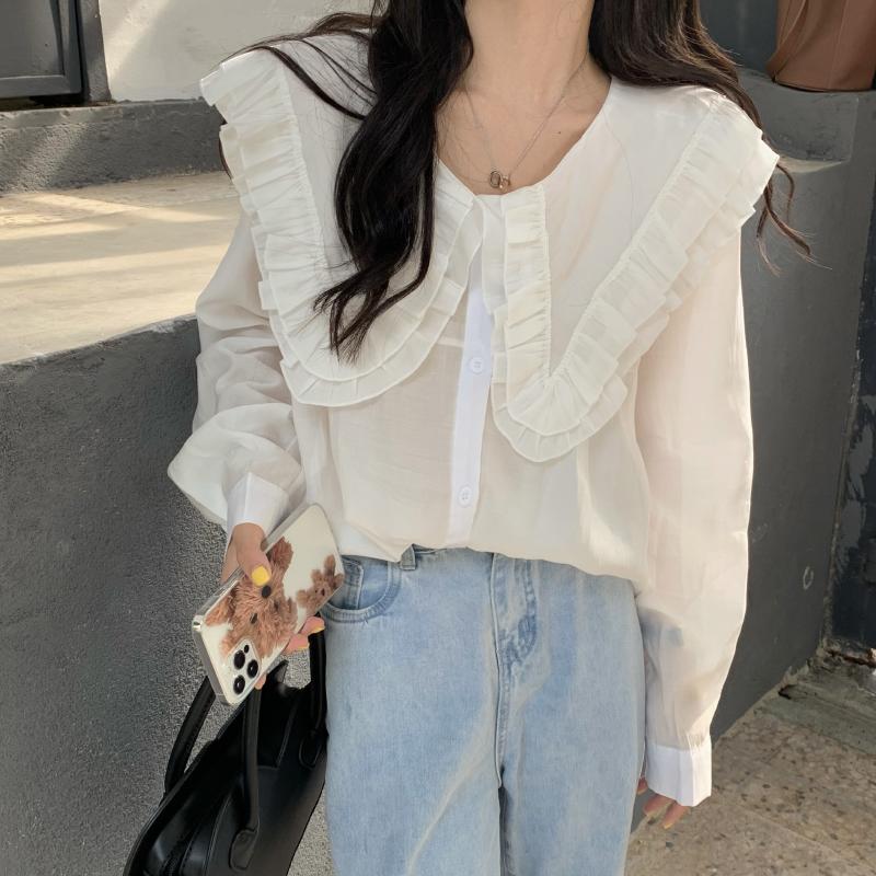 White Beige Transparent Flared Collar Loose Blouse