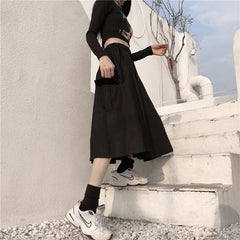 White Black Elastic Waist Big Pocket Long Skirt