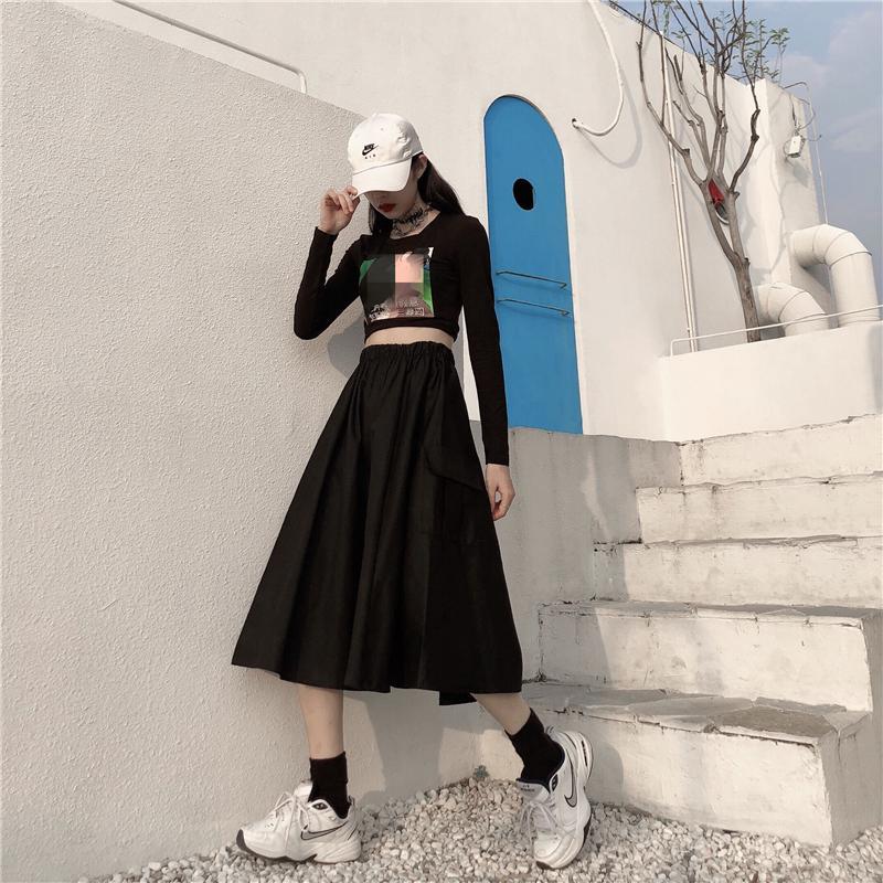 White Black Elastic Waist Big Pocket Long Skirt