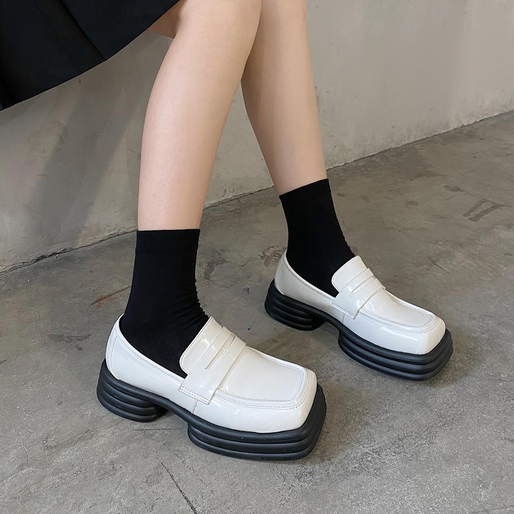 White Black Glossy Square Toe Thick Ribbed Sole Shoes