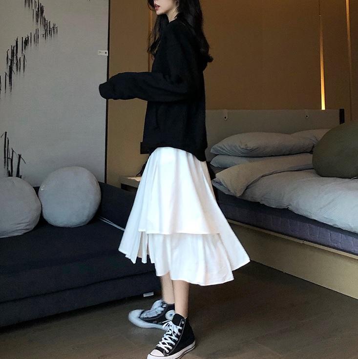 White Black High Waist Irregular Light Midi Skirt