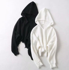 White Black Tassel Loose Irregular Length Cropped Hoodie