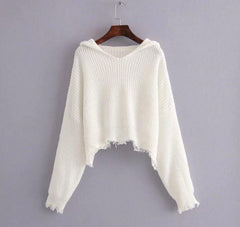 White Black Tassel Loose Irregular Length Cropped Hoodie