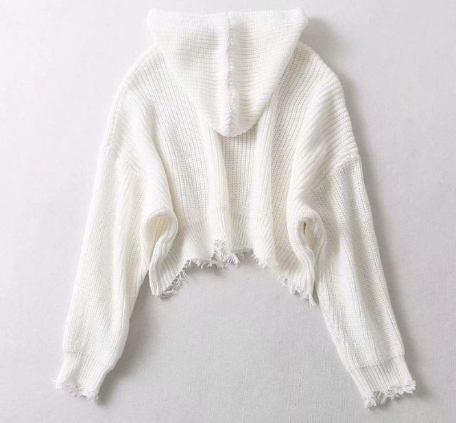 White Black Tassel Loose Irregular Length Cropped Hoodie