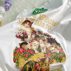 Weißes Oversize-T-Shirt mit süßem Vintage-Katzen-Kunstdruck 