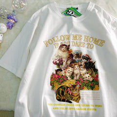 Weißes Oversize-T-Shirt mit süßem Vintage-Katzen-Kunstdruck 