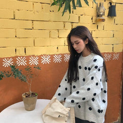 White Gray Black Polka Dot O-Neck Sweater