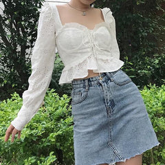 White Lace Up Bustier Riffled Crop Mesh Blouse