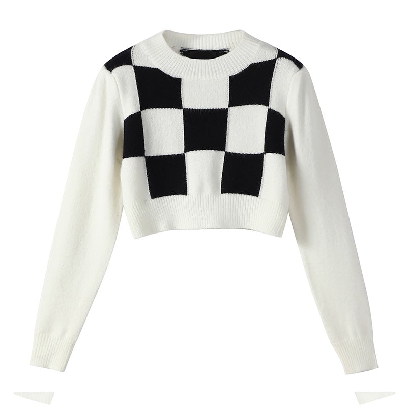 White Retro Checkered Pattern Knit Cropped Sweater