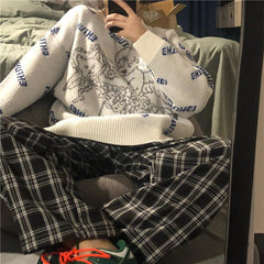 Weißer, lockerer Strickpullover mit Vintage-Engelsmuster 