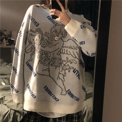 Weißer, lockerer Strickpullover mit Vintage-Engelsmuster 