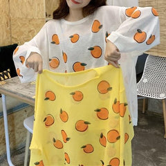 White Yellow Oranges Print Thin Transparent Blouse